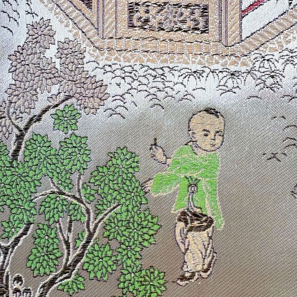 Mid-Century Vintage Brocaded Flowers Chinese Silk Tapestry Tablecloth 75" x 55" - Picture 6 of 16